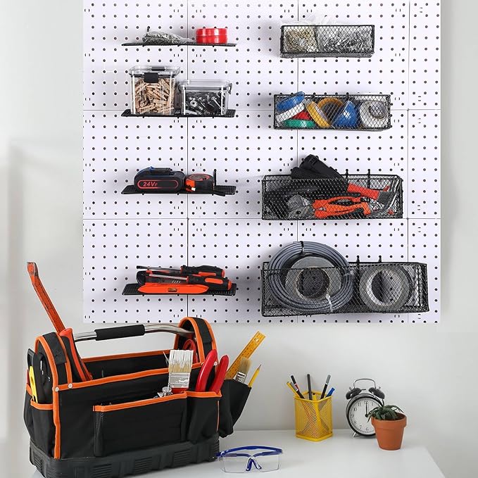 Hicarer 8 Pack Pegboard Baskets and Peg Board Racks Set, Pegboard Hooks, Square Style Wire Shelf Baskets, for Organize Tools,