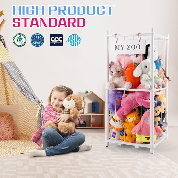 GLDZI Stuffed Animal Storage Zoo, Wooden Stuffed Animal Organizer with Elastic Cords for Boys Girls, Space Saving Toy Plushie