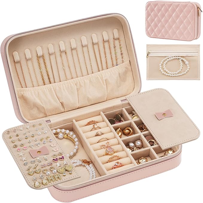 Lolalet Travel Jewelry Case for Women Girls, Travel Jewelry Organizer Box with Mirror & Clear Storage Bag, Small Portable Ear