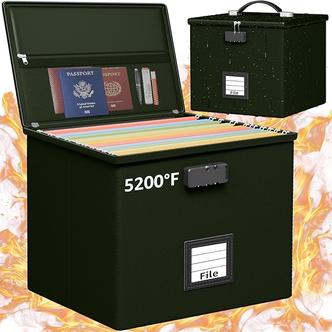 Army Green Fire Proof File Box for Documents - Portable Fireproof Document Organizer Box with Handle Waterproof Safe Locking 