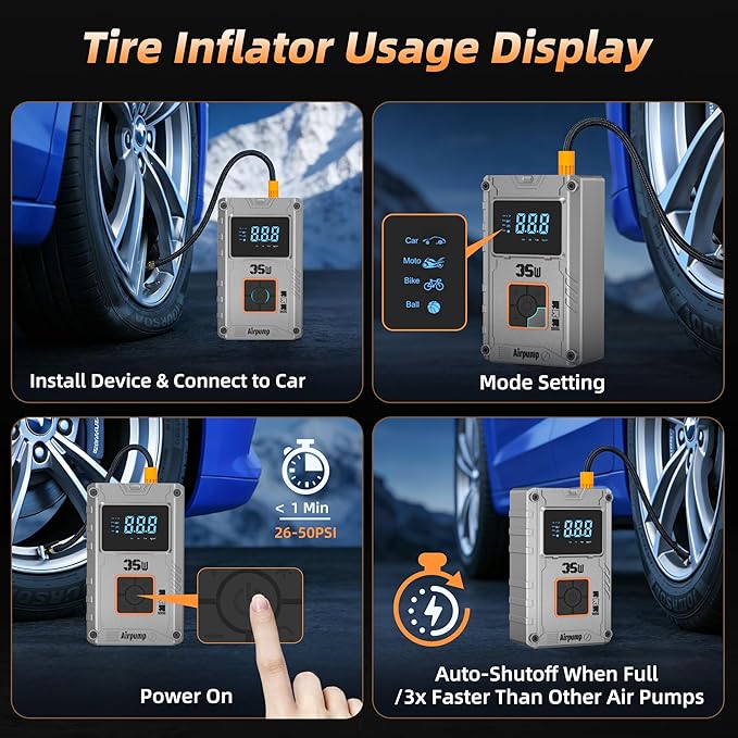 Tire Inflator,150 PSI, Air Compressor, Car Tire Pump, Air Pump for Car Tires, Bike Inflator, Car Accessories for Cars, Motorcycles & Bikes