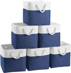FinishingBo Cube Storage Baskets, 6 Pack 11x11 inch with Cotton Handles for Closet, Shelves, Clothes, Towel (White/Navy Blue)
