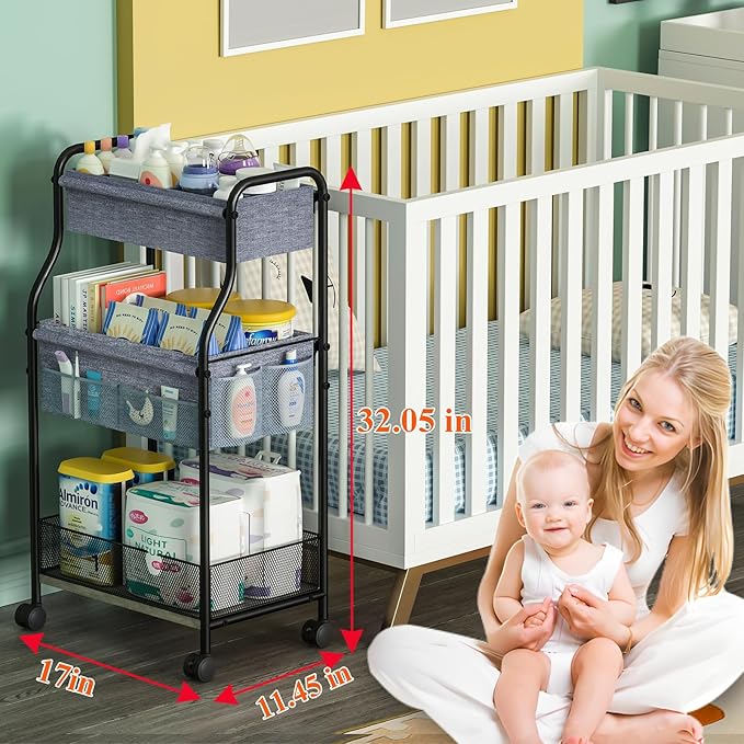 3-Tier Baby Diaper Caddy Organizer and Storage Cart, Mobile Metal Utility Cart with Rolling Wheels for Nursery Essentials wit
