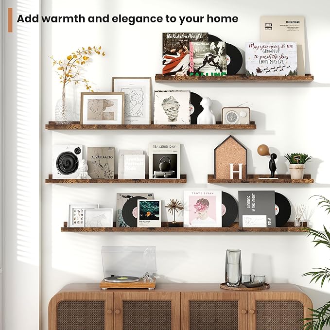 Fun Memories Picture Ledge Shelves Set of 2, 55 Inch Rustic Wall Mounted Floating Shelves with Lip for Home Storage and Décor