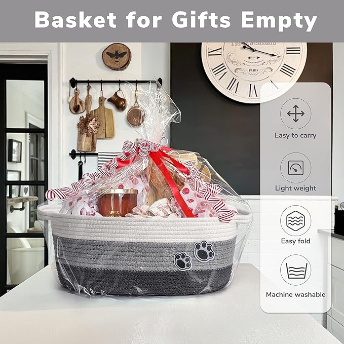 Dog Toy Basket Gift Basket Empty, Woven Storage Baskets for Towels, Cute Dog Storage Bins with Handles, Small Cotton Rope Bas