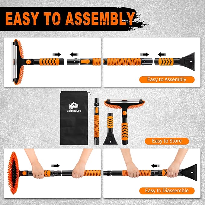 METOWARE 44'' Snow Brush and Ice Scrapers for Car Windshield, Extendable Snow Brush for Car with Ergonomic Foam Grip and 360° Pivoting Brush Head for Car SUV Truck
