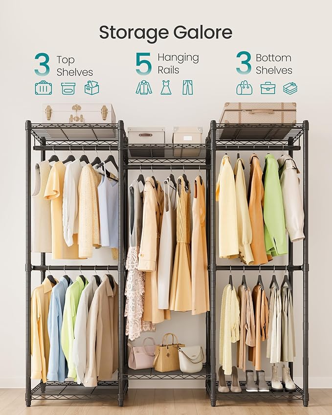 SONGMICS Heavy-Duty Clothes Rack, Garment Rack, Portable Closet, 56.9-Inch Wide Clothing Rack, with Adjustable Mesh Shelves a