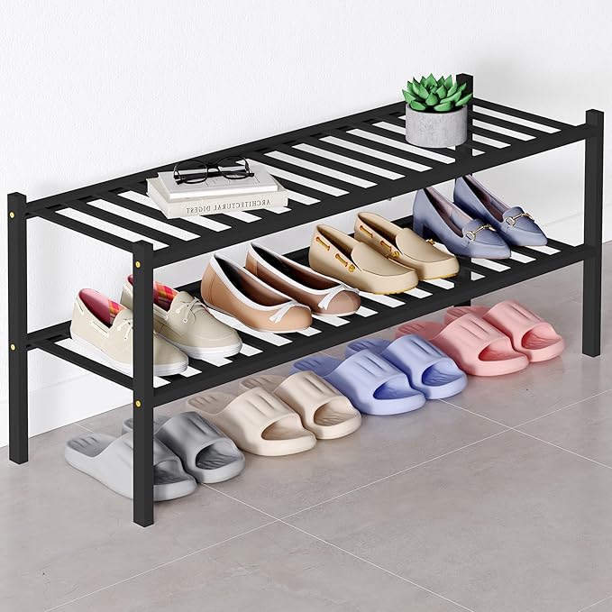 Smiry Bamboo Shoe Rack for Closet, 2 Tier Long Wooden Stackable Shoe Organizer, Free Standing Shoes Storage Shelf for Entrywa