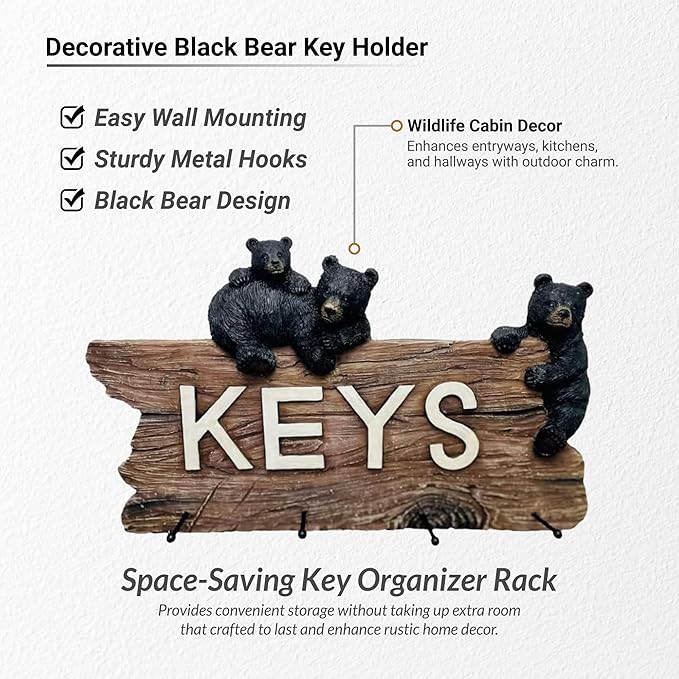 Pine Ridge Bear Key Holder - Decorative Key Hanger for Wall, Black Bear Rustic Key Hooks Organizer for Cabin