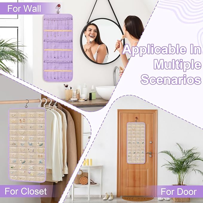 Dynoro Double-Sided Hanging Jewelry Organizer, Lavender Storage Roll for Earrings, Necklaces, Rings, 48 Pockets 21 Hooks, Dur