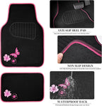 CAR PASS Embroidery Butterfly Steering Wheel Cover and Waterproof Car Floor Mats,Pink Car Mats 14.5-15inch Steering Wheel Cov