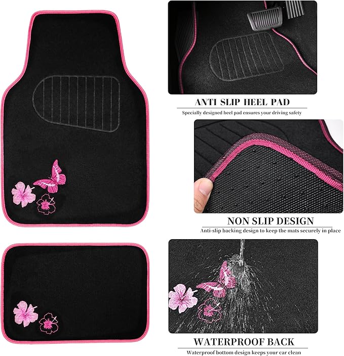 CAR PASS Embroidery Butterfly Steering Wheel Cover and Waterproof Car Floor Mats,Pink Car Mats 14.5-15inch Steering Wheel Cov