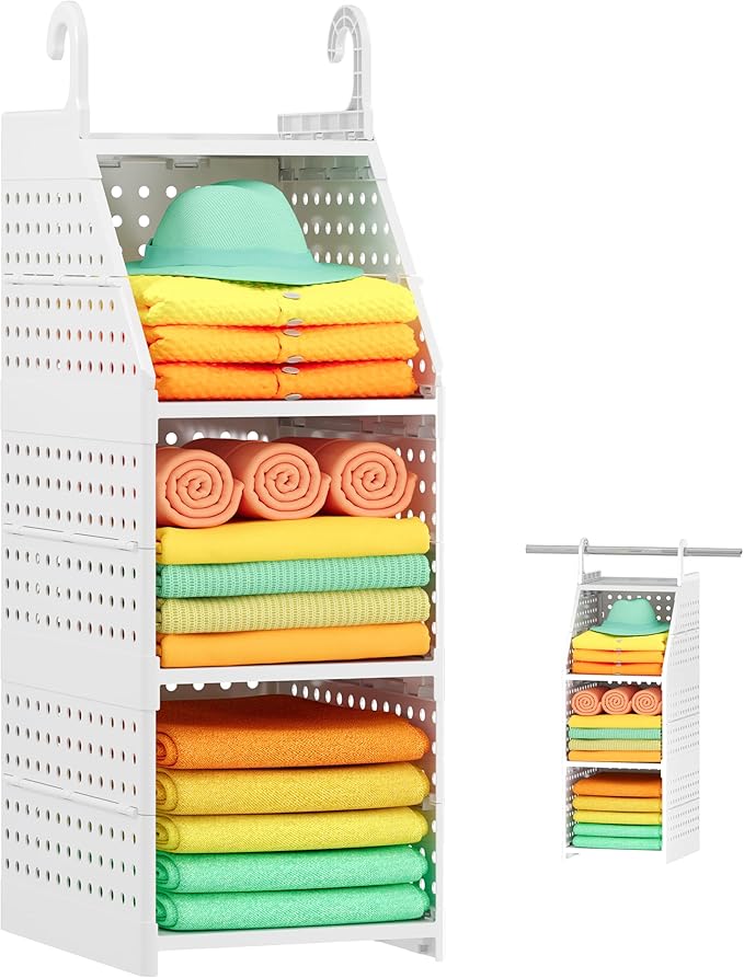 Honkazita 3-Tier Foldable Closet Hanging Organizer, Free-Standing | Hanging Closet Shelves for Wardrobe Laundry Room, Plastic