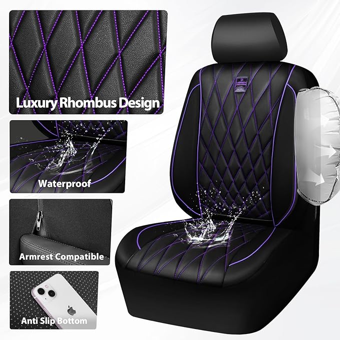 CAR PASS Piping Luxury Faux Leather Two Front Car Seat Covers, Waterproof Anti Slip Premium Automotive Seat Covers,Universal 