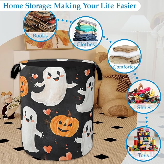Halloween Ghost Pumpkin Laundry Basket Collapsible Laundry Hamper Clothes Toy Storage Bin for Bathroom Bedroom Room Decor 16"