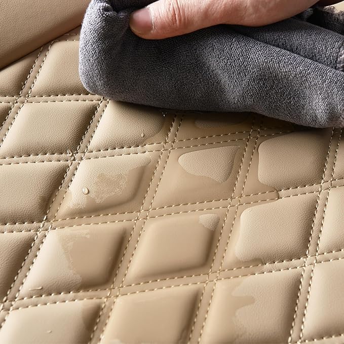 Huidasource Beige Car Rear Seat Covers, Nappa Leather Back Seat Cover, Automotive Rear Bench Seat Cushion Cover Universal Fit