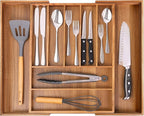 Bellsal Large Premium Acacia Wood Silverware Organizer - Expandable Utensil Drawer Organizer - 17"x19.6" Utensil Holder and C
