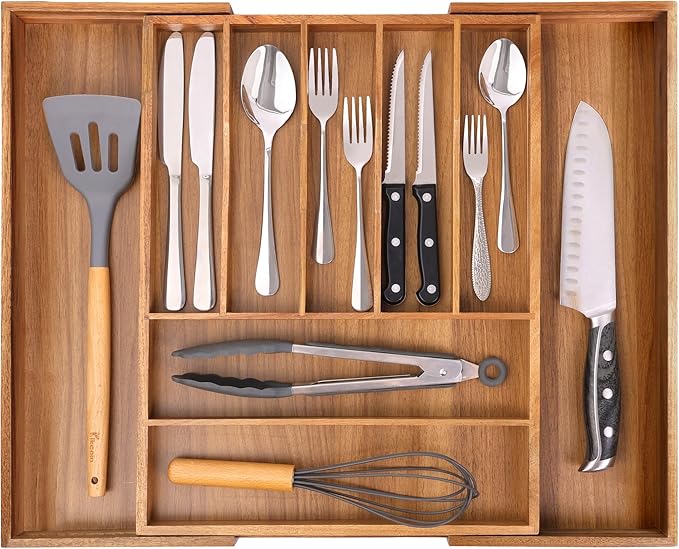 Bellsal Large Premium Acacia Wood Silverware Organizer - Expandable Utensil Drawer Organizer - 17"x19.6" Utensil Holder and C