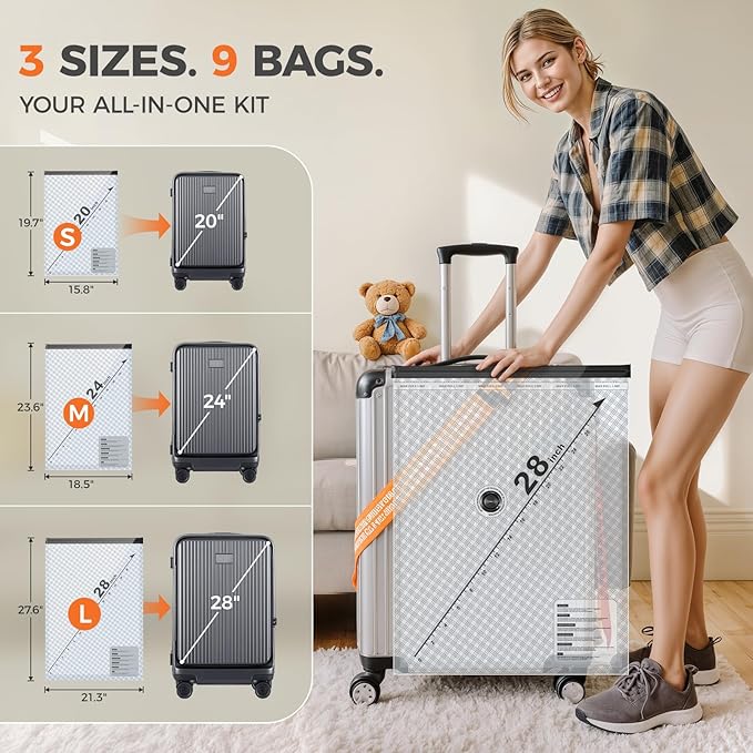 Nicetree 9-Pack Vacuum Storage Bags with Rechargeable Wireless Pump, 3 Sizes (20/24/28 Inch) Travel Vacuum Seal Bags for Clot