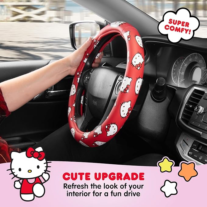 Hello Kitty Steering Wheel Cover by Sanrio, Universal Fit 14.5-15 Inch, Cute Red Car Accessories for Women, Soft Anti-Slip Grip Auto Protector