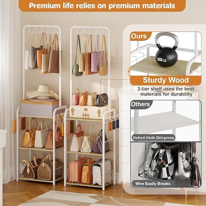 Hayexiha Tall Purse Organizer for Women with Purse Hanger, Floor-Standing Purse Rack Stand for Purse Storage, Narrow & High-C