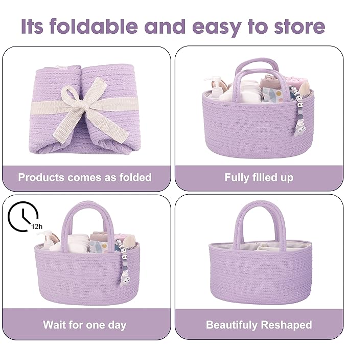 Baby Diaper Caddy Organizer Cotton Rope Nursery Storage Bin Basket Portable Holder Tote Bag for Changing Table Car Travel Bab
