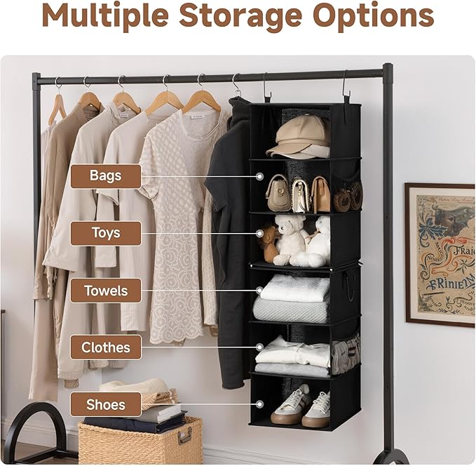 StorageWorks Hanging Closet Organizer 6-Shelf, Separable Two 3 Shelf Closet Storage Organizer with Side Pockets, Portable Han
