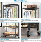 Heavy Duty Clothes Rack Rolling Garment Rack,3 Tier Adjustable Wire Shelving Clothing Racks for Hanging Clothes with Double R