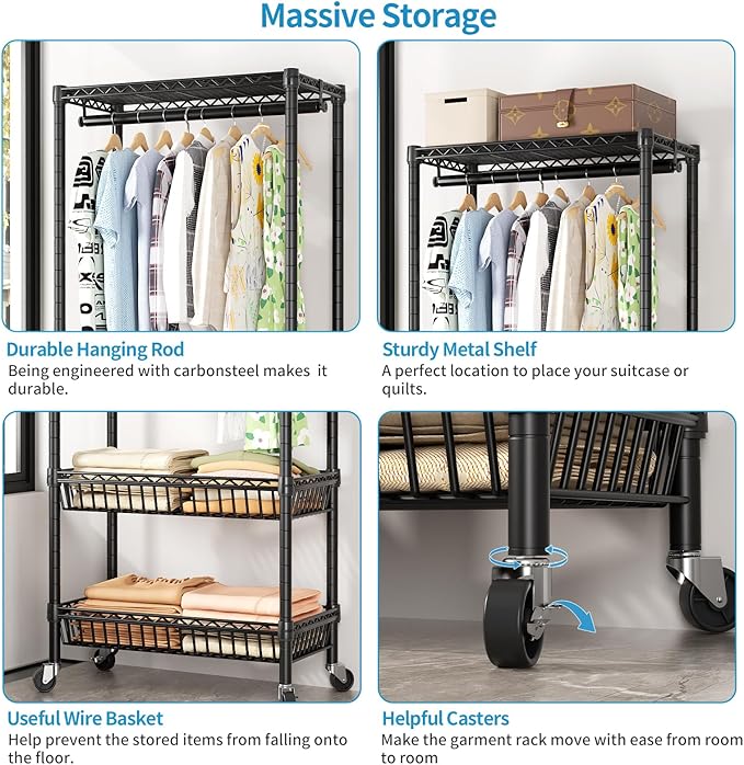 Heavy Duty Clothes Rack Rolling Garment Rack,3 Tier Adjustable Wire Shelving Clothing Racks for Hanging Clothes with Double R