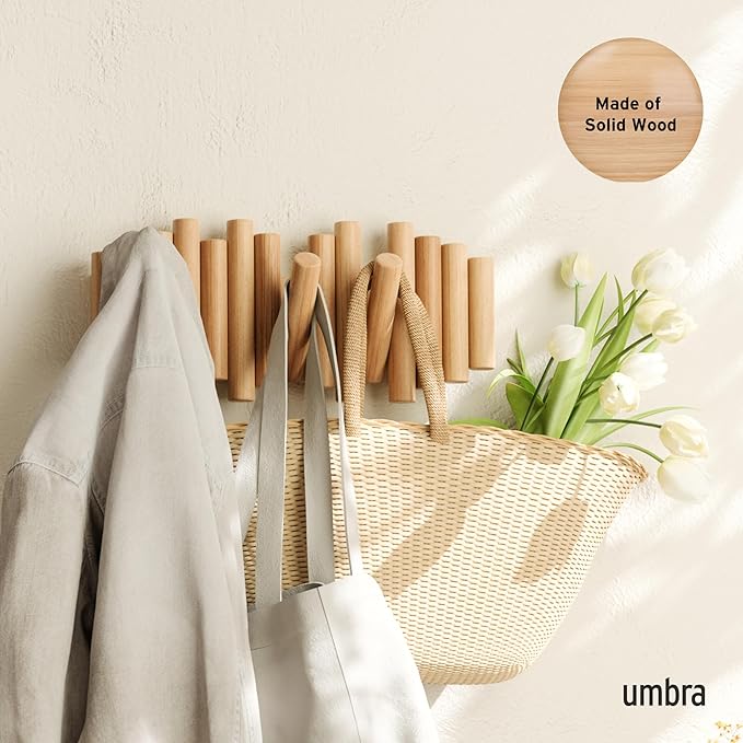 Umbra Picket Coat Rack Wall Mount – 5 Flip-Down Wood Coat Hooks, Modern & Functional Storage, Easy Install Wall Hooks, Natura