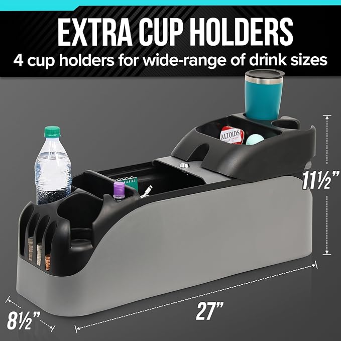 Center Console for Minivans, SUVs, Middle Van Console, Extra Cup Holders, Large Storage, Made in USA (Gray)