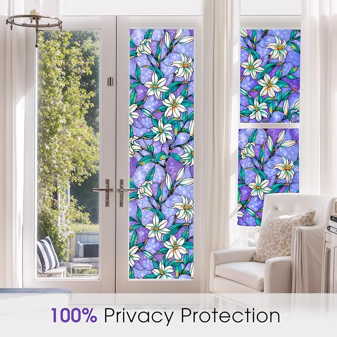 Coavas Static Cling Privacy Window Film, 96% UV & Heat Blocking, Stained Glass Window Film Floral Design, Non-Adhesive, for Bathroom, Front Door, Shower Enclosure‌ (Vinyl, 23.6" X 118.1 ")