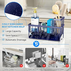 Cisily Navy Blue Sink Caddy Organzier with High Brush Holder, Sponge Holder for Sink, 304 Rustproof Stainless, Kitchen Counte