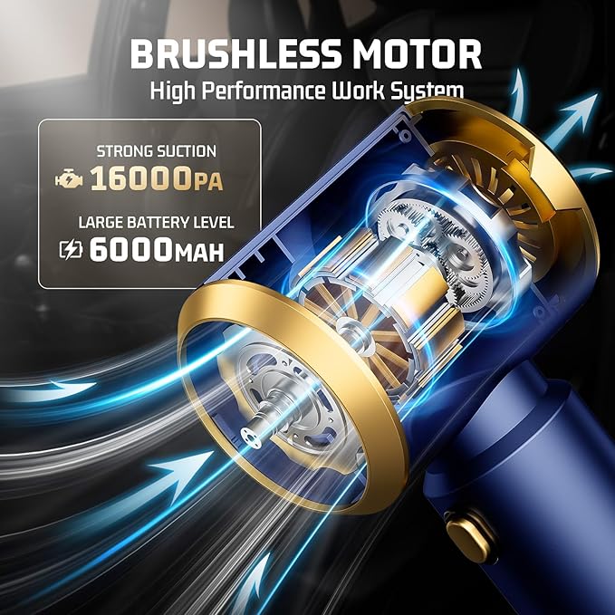 Car Handheld Vacuum Cordless: Car Vacuum Cleaner with 16000Pa Ultra-Strong Suction, Brushless Motor & HEPA Filter - Lightweig