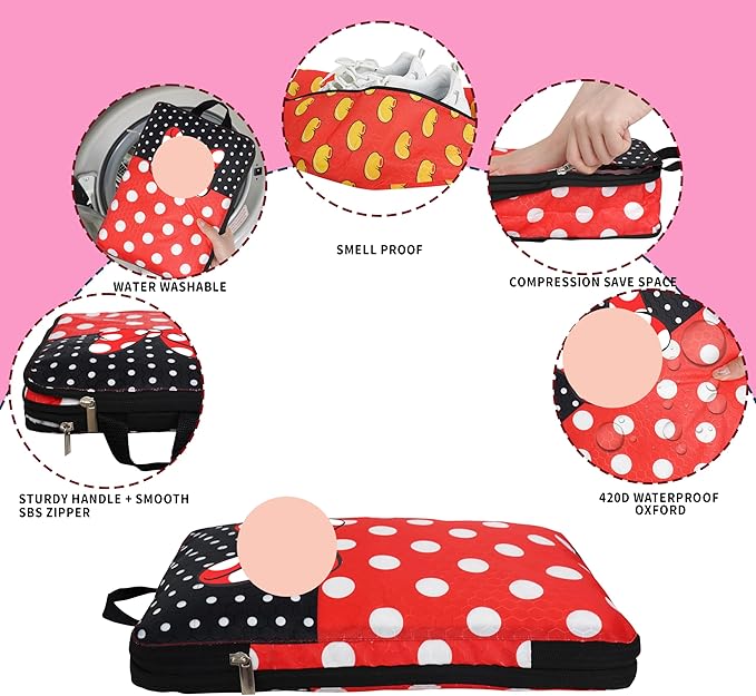 Compression Packing Cubes for Travel, 6 Set Red Dots Luggage Organizer, Lightweight Waterproof Expandable/Compression Bags Sm