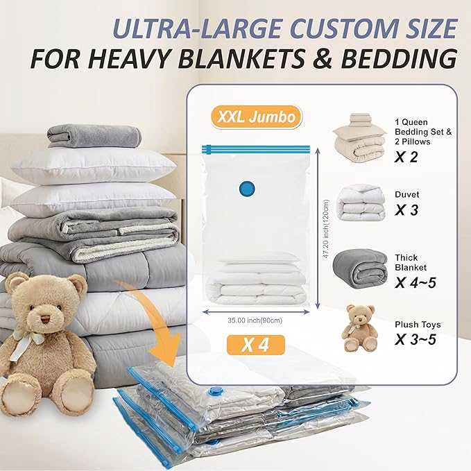 Cozy Essential Vacuum Storage Bags, 80% Compression Vacuum Seal Space Saver Plastic Packaging Bags for Clothes, Blankets, Pil