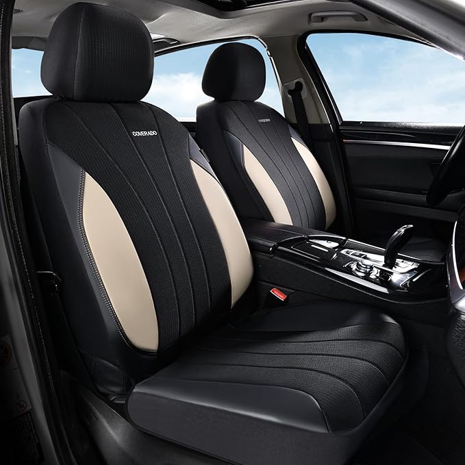 Coverado Automotive Seat Covers Front Seats, Luxury Car Seat Covers, Auto Seat Covers 2-Pack, Beige Driver Seat Protectors, U