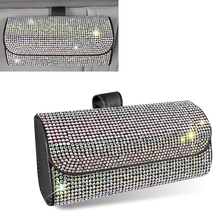 WZP Bling Sunglasses Holder for Car Sun Visor, Rhinestone Leather Eyeglasses Car Visor Clip Storage Glasses Organizer Case, Universal Vehicle Glasses Protective Storage Box for SUV Sedan Van (AB)