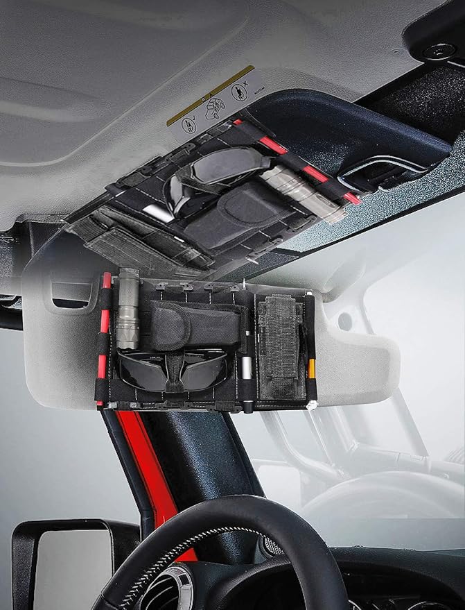 Savadicar Tactical Sun Visor Organizer Front Visor Storage Cover for 2007-2023 Jeep Wrangler JK JL & Gladiator JT, Interior Storage Accessories, Black, 1 PCS