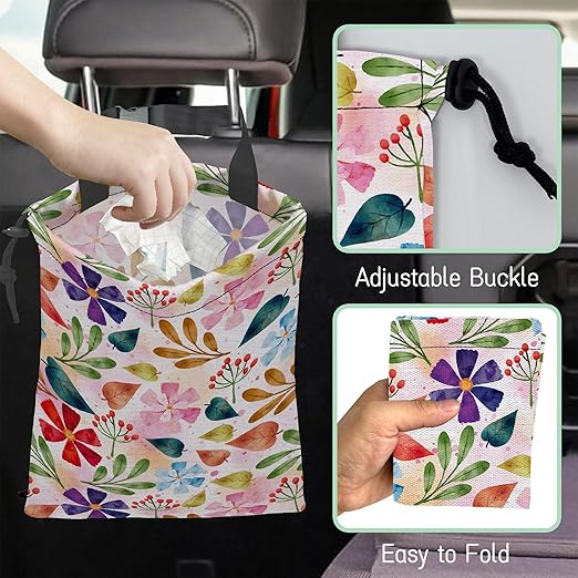 Spring Flower Car Garbage Bag,Waterproof Small Car Trash Bag Hanging Back of Seat,Drawstring Hanging Car Trash Bag with Adjustable Buckle for Car Accessories
