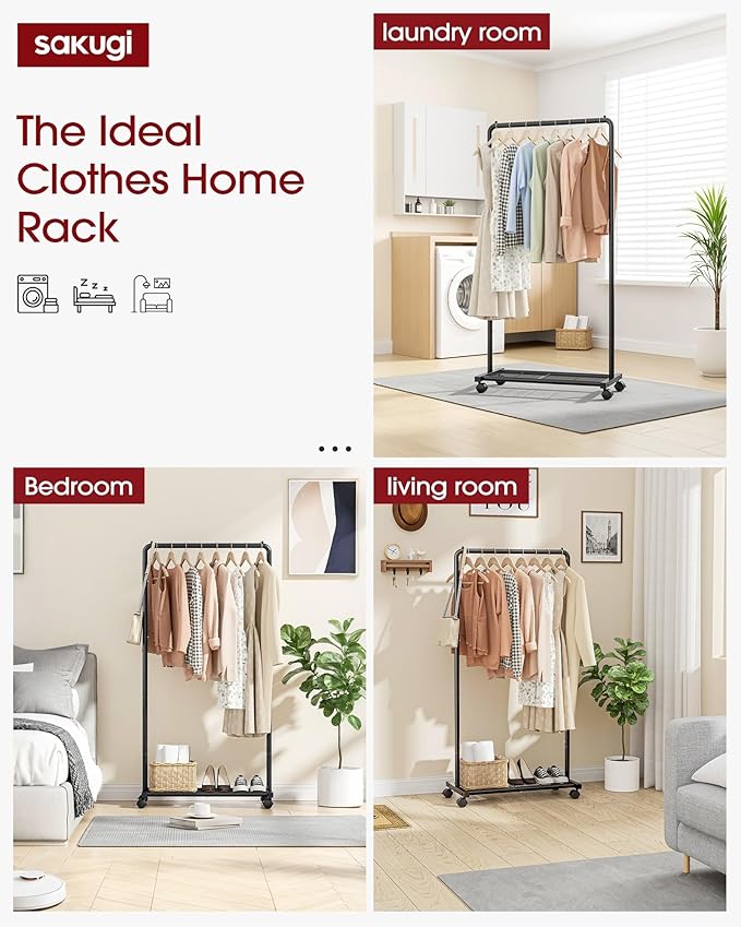 Sakugi Clothes Rack - Clothing Rack with Storage Mesh Shelf & Casters, Heavy-Duty Metal Clothing Rack for Hanging Clothes, Dr
