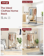 Sakugi Clothes Rack - Clothing Rack with Storage Mesh Shelf & Casters, Heavy-Duty Metal Clothing Rack for Hanging Clothes, Dr