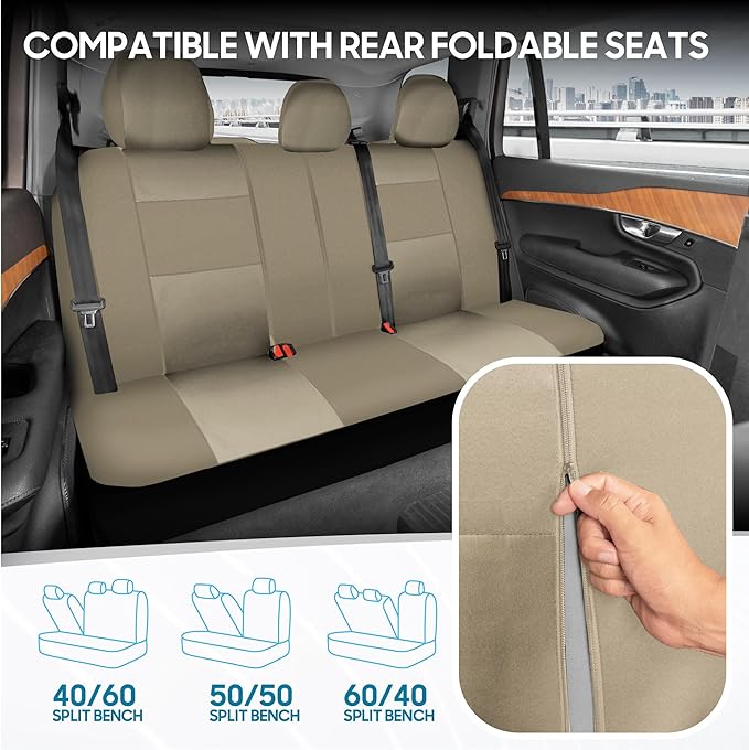 BDK OS-309-AB Tan Trim Black Car Seat Covers Full 9 Piece Set, Sleek & Stylish, Split Option Bench 5 Headrests Front & Rear B