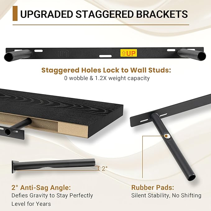 Vivelove Black Floating Shelves 35.4 Inches Wide, 12" Deep Wall Shelves for Bedroom, Bathroom, Living Room, Kitchen, Office, 