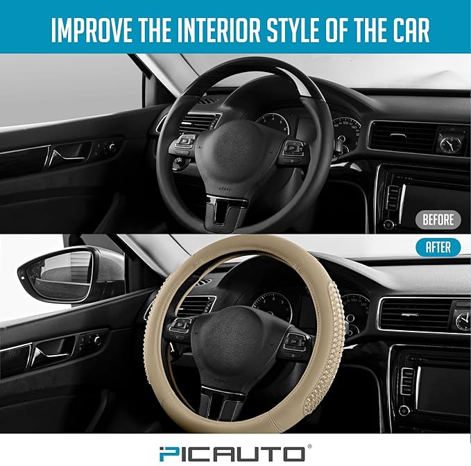 PIC AUTO Steering Wheel Cover, Glitter Gel Particles & Beige Luxury Leather Car Steering Cover, Universal Fit 14.5"-15.5" Ant