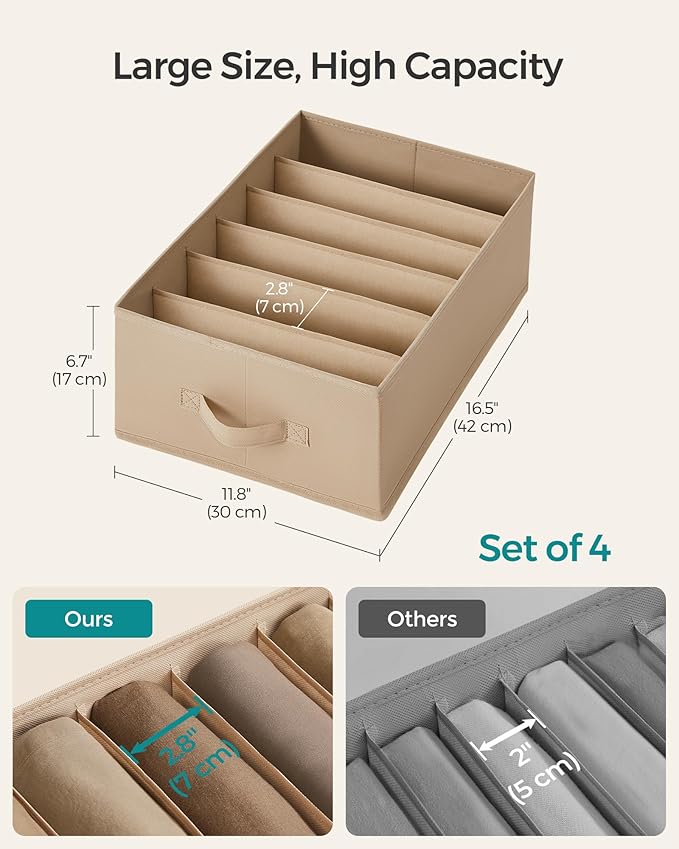 SONGMICS Set of 4 Large Size Wardrobe Clothes Organizers, 6-Compartment Foldable Drawer Organizers with Handles, 16.5 x 11.8 