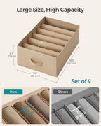 SONGMICS Set of 4 Large Size Wardrobe Clothes Organizers, 6-Compartment Foldable Drawer Organizers with Handles, 16.5 x 11.8 
