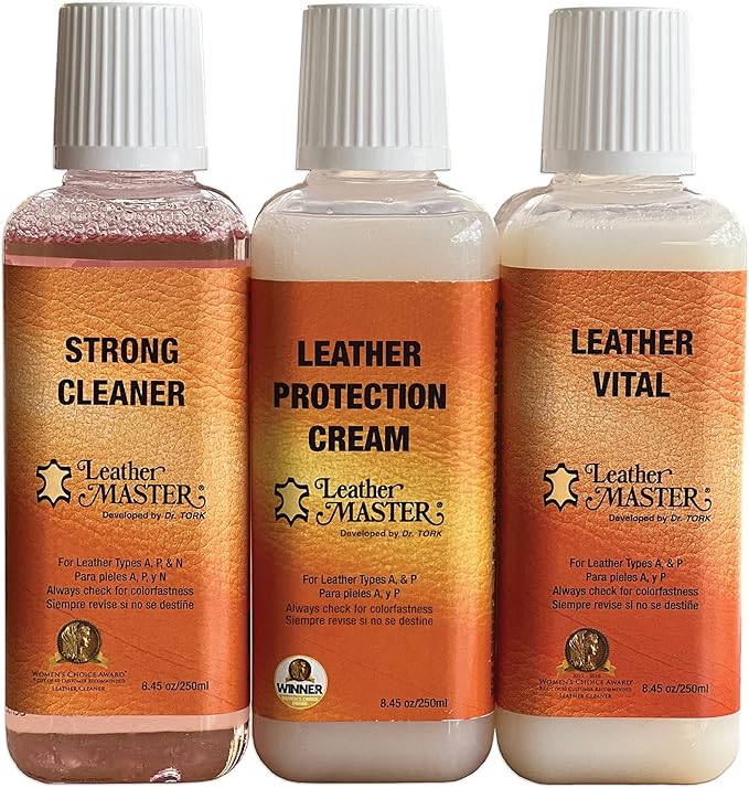 Leather Master Strong Leather Care Bundle - 250 ml Exceptional Leather Care Stain Remover, Protector and Polish Kit. Made to 