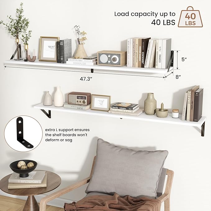 Axeman 48 Inch Floating Shelves | 8 Inch Deep White Wall Shelves Set of 2 | 47.3" W x 8" D Rustic White Wood Shelves for Bath