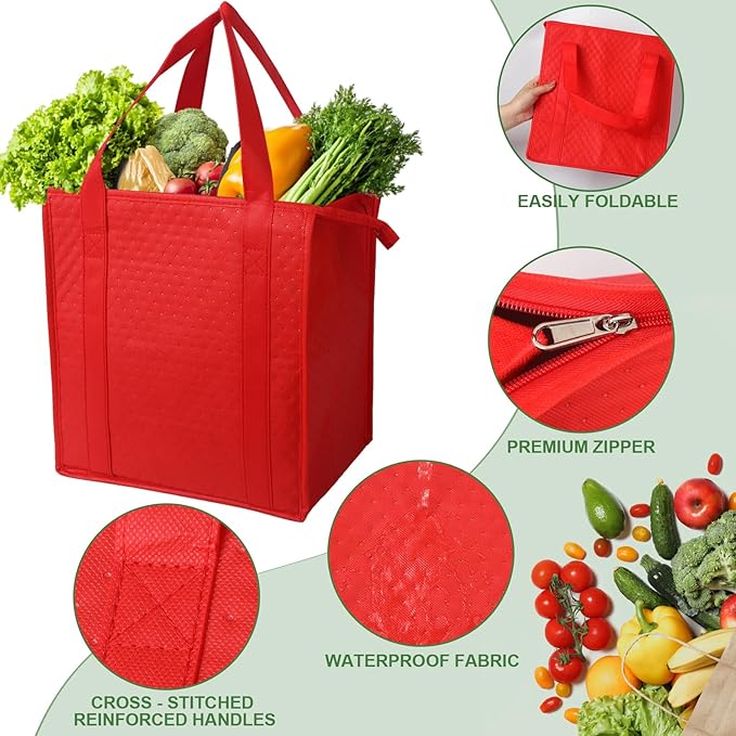 20 Pcs Insulated Shopping Bags for Groceries with Zipper & Handles, Large Foldable Cooler Bags for Hot & Cold Food